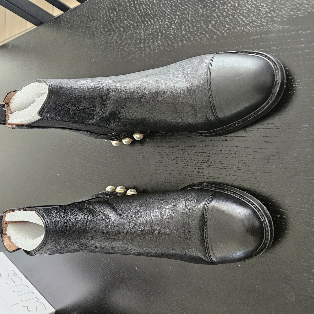 Black Leather Ankle Boots with Pearl Detail